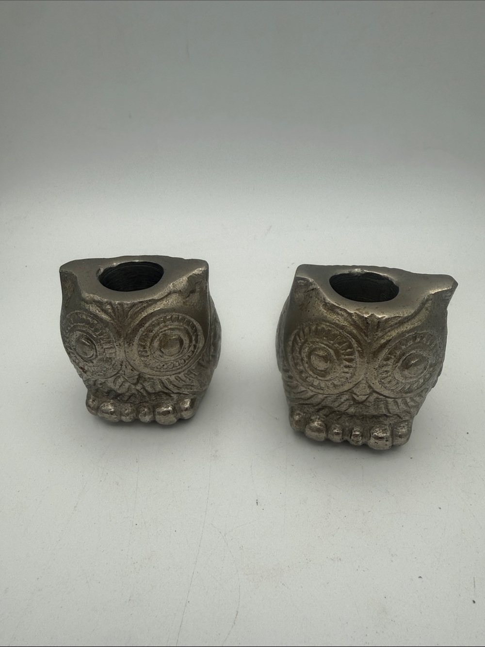 Pair of Hobby Lobby Metallic Silver tone metal  Owl pillar candle Holders